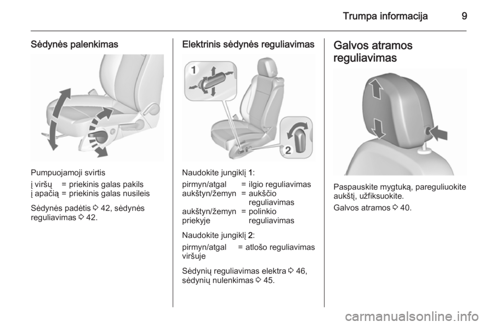 OPEL ASTRA J 2015.75  Savininko vadovas (in Lithuanian) Trumpa informacija9
Sėdynės palenkimas
Pumpuojamoji svirtis
į viršų=priekinis galas pakilsį apačią=priekinis galas nusileis
Sėdynės padėtis 3 42, sėdynės
reguliavimas  3 42.
Elektrinis s�