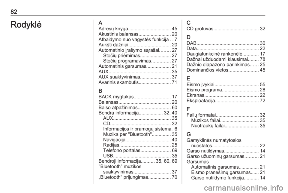 OPEL ASTRA J 2018  Informacijos ir pramogų sistemos vadovas (in Lithuanian) 82RodyklėAAdresų knyga................................ 45
Akustinis balansas ........................20
Atbaidymo nuo vagystės funkcija  ..7
Aukšti dažniai ............................... 20
Auto