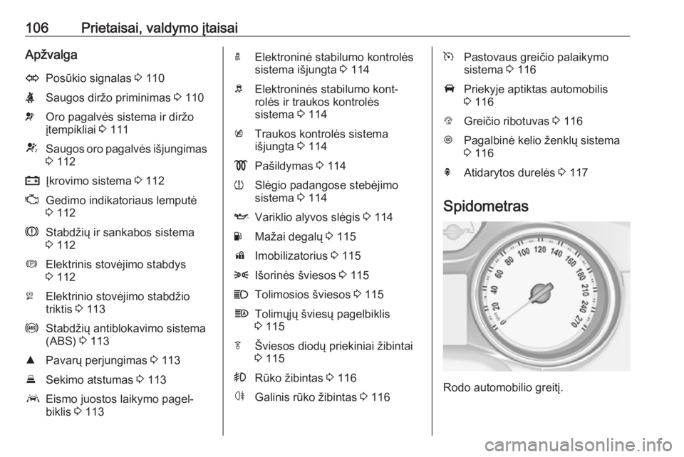 OPEL ASTRA K 2016.5  Savininko vadovas (in Lithuanian) 106Prietaisai, valdymo įtaisaiApžvalgaOPosūkio signalas 3 110XSaugos diržo priminimas  3 110vOro pagalvės sistema ir diržo
įtempikliai  3 111VSaugos oro pagalvės išjungimas
3  112pĮkrovimo s