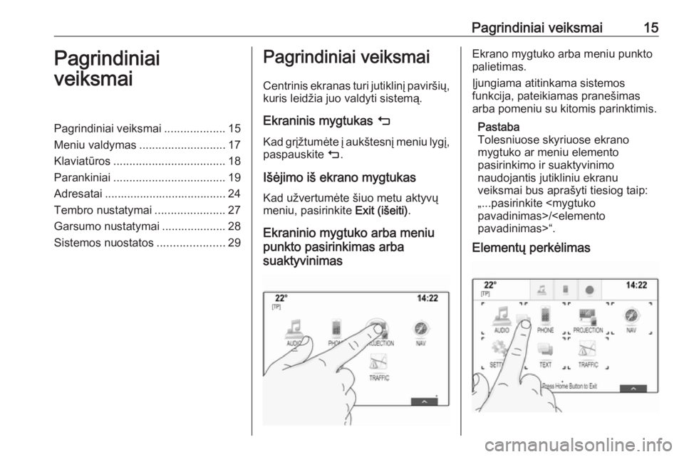 OPEL ASTRA K 2017  Informacijos ir pramogų sistemos vadovas (in Lithuanian) Pagrindiniai veiksmai15Pagrindiniai
veiksmaiPagrindiniai veiksmai ...................15
Meniu valdymas ........................... 17
Klaviatūros ................................... 18
Parankiniai ..