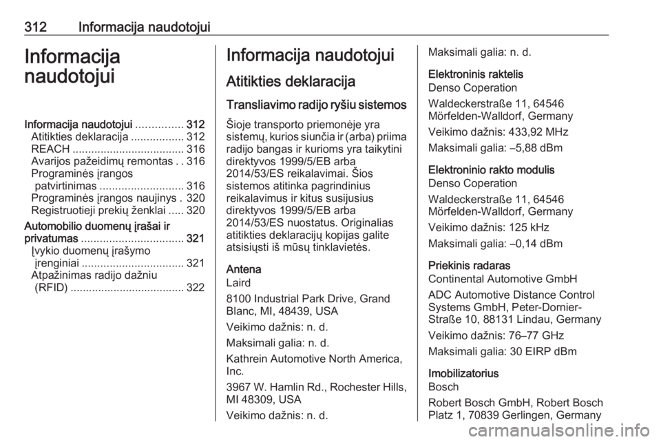 OPEL ASTRA K 2018 Savininko vadovas (in Lithuanian) 312Informacija naudotojuiInformacija
naudotojuiInformacija naudotojui ...............312
Atitikties deklaracija .................312
REACH .................................... 316
Avarijos pažeidimų OPEL ASTRA K 2018 Savininko vadovas (in Lithuanian) 312Informacija naudotojuiInformacija
naudotojuiInformacija naudotojui ...............312
Atitikties deklaracija .................312
REACH .................................... 316
Avarijos pažeidimų