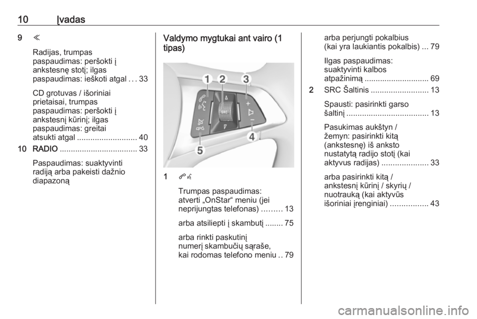 OPEL ASTRA K 2018.5  Informacijos ir pramogų sistemos vadovas (in Lithuanian) 10Įvadas9Y
Radijas, trumpas
paspaudimas: peršokti į
ankstesnę stotį; ilgas
paspaudimas: ieškoti atgal ...33
CD grotuvas / išoriniai
prietaisai, trumpas
paspaudimas: peršokti į ankstesnį kūr
