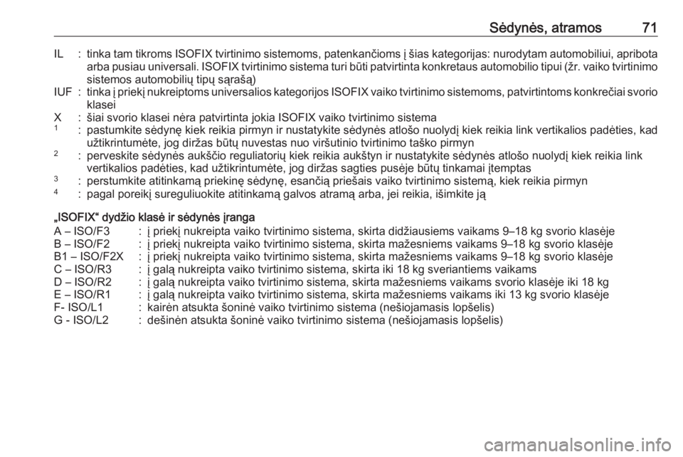 OPEL ASTRA K 2019  Savininko vadovas (in Lithuanian) Sėdynės, atramos71IL:tinka tam tikroms ISOFIX tvirtinimo sistemoms, patenkančioms į šias kategorijas: nurodytam automobiliui, apribota
arba pusiau universali. ISOFIX tvirtinimo sistema turi būti OPEL ASTRA K 2019  Savininko vadovas (in Lithuanian) Sėdynės, atramos71IL:tinka tam tikroms ISOFIX tvirtinimo sistemoms, patenkančioms į šias kategorijas: nurodytam automobiliui, apribota
arba pusiau universali. ISOFIX tvirtinimo sistema turi būti
