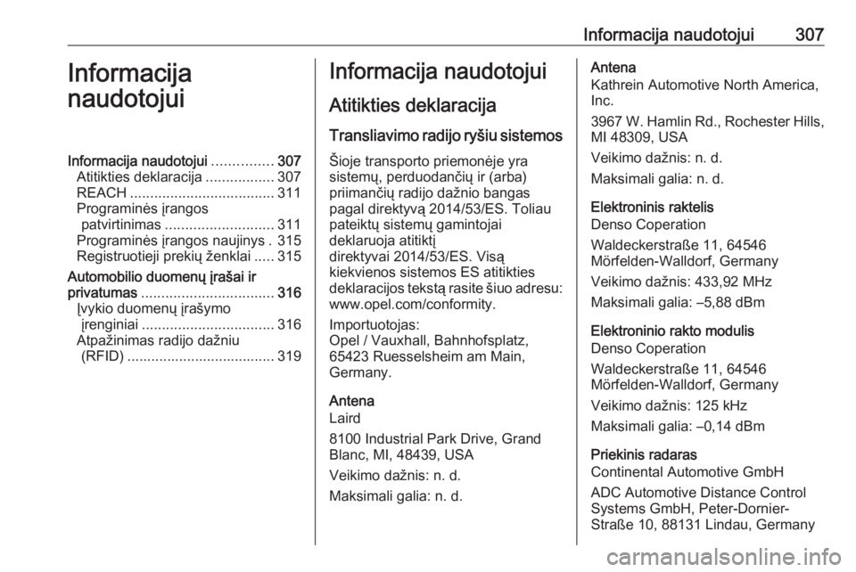 OPEL ASTRA K 2019.5 Savininko vadovas (in Lithuanian) Informacija naudotojui307Informacija
naudotojuiInformacija naudotojui ...............307
Atitikties deklaracija .................307
REACH .................................... 311
Programinės įrango OPEL ASTRA K 2019.5 Savininko vadovas (in Lithuanian) Informacija naudotojui307Informacija
naudotojuiInformacija naudotojui ...............307
Atitikties deklaracija .................307
REACH .................................... 311
Programinės įrango