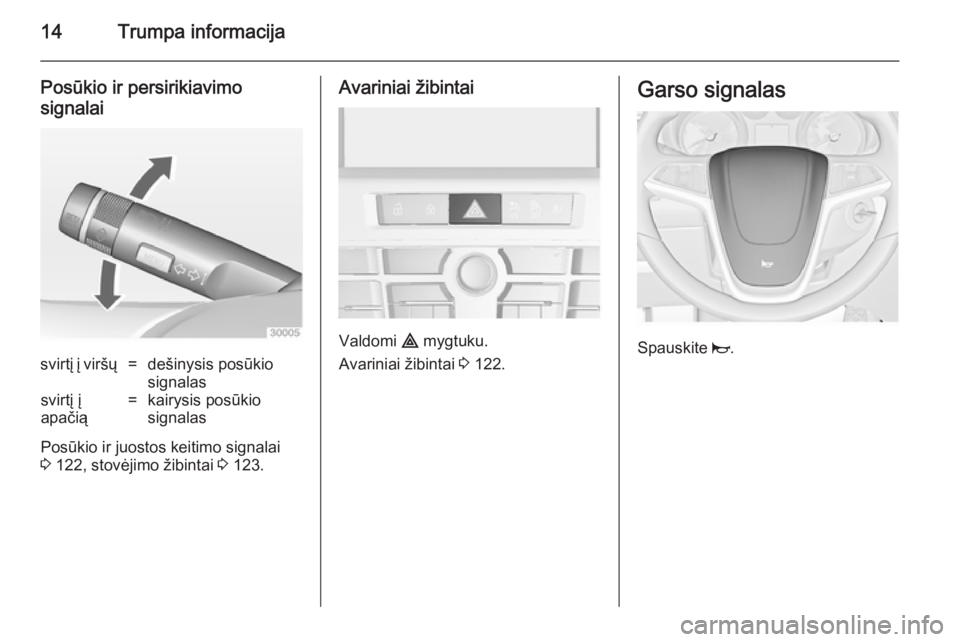 OPEL CASCADA 2014.5 Savininko vadovas (in Lithuanian) 14Trumpa informacija
Posūkio ir persirikiavimo
signalaisvirtį į viršų=dešinysis posūkio
signalassvirtį į
apačią=kairysis posūkio
signalas
Posūkio ir juostos keitimo signalai
3 122, stov OPEL CASCADA 2014.5 Savininko vadovas (in Lithuanian) 14Trumpa informacija
Posūkio ir persirikiavimo
signalaisvirtį į viršų=dešinysis posūkio
signalassvirtį į
apačią=kairysis posūkio
signalas
Posūkio ir juostos keitimo signalai
3 122, stov