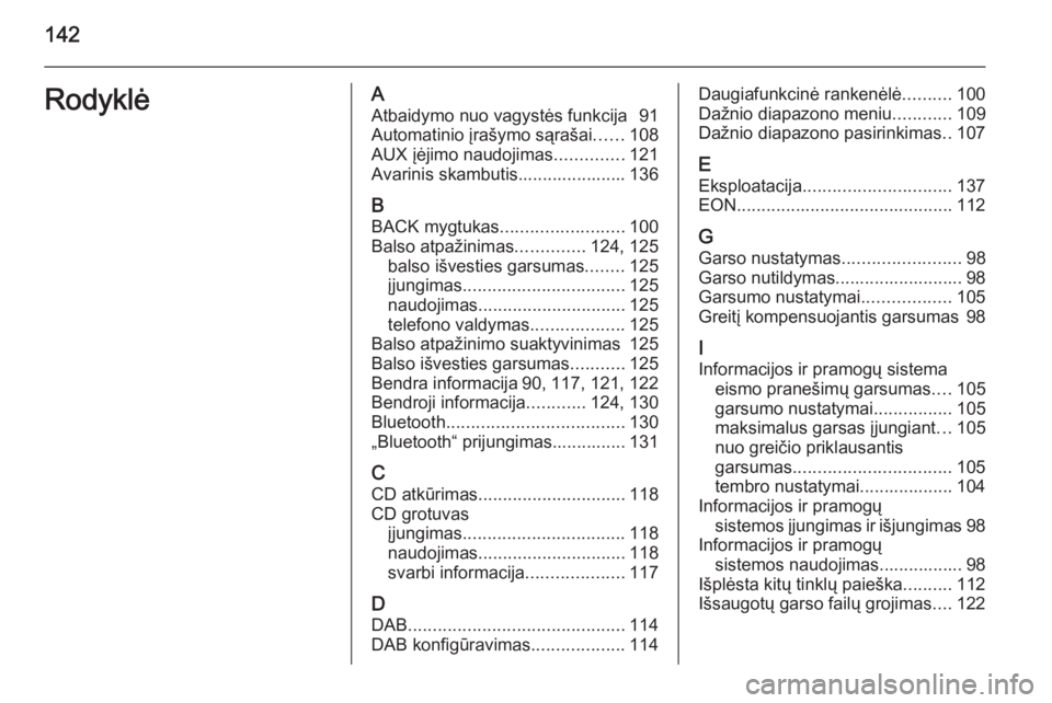 OPEL CASCADA 2015  Informacijos ir pramogų sistemos vadovas (in Lithuanian) 142RodyklėAAtbaidymo nuo vagystės funkcija  91Automatinio įrašymo sąrašai ......108
AUX įėjimo naudojimas ..............121
Avarinis skambutis...................... 136
B BACK mygtukas .......