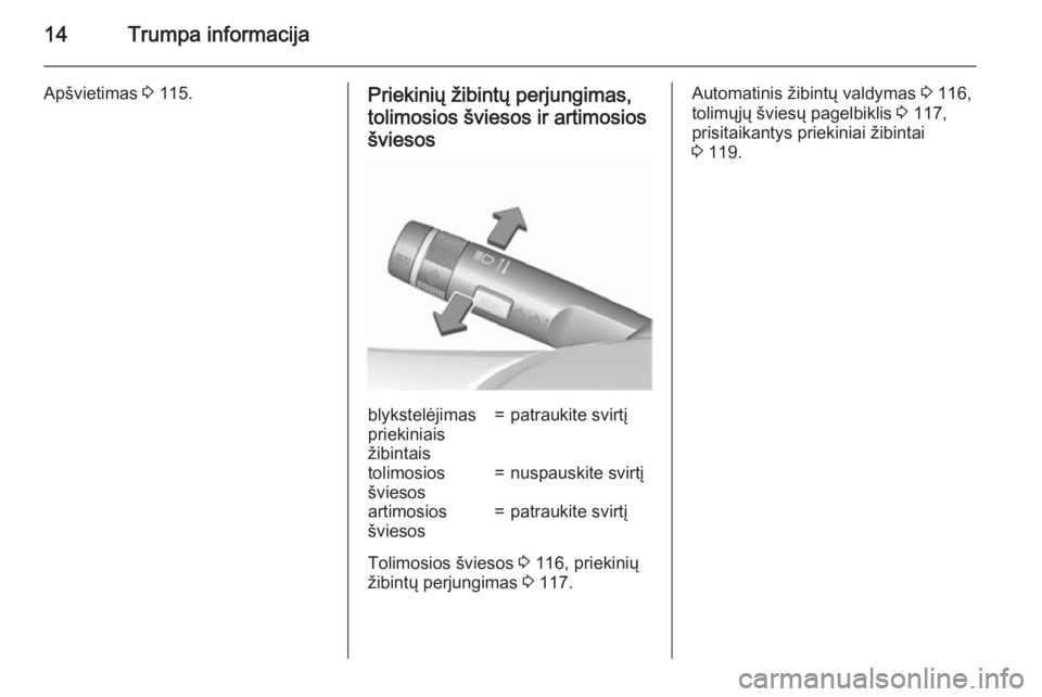 OPEL CASCADA 2015.5  Savininko vadovas (in Lithuanian) 14Trumpa informacija
Apšvietimas 3 115.Priekinių žibintų perjungimas,
tolimosios šviesos ir artimosios šviesosblykstelėjimas
priekiniais
žibintais=patraukite svirtįtolimosios
šviesos=nuspaus