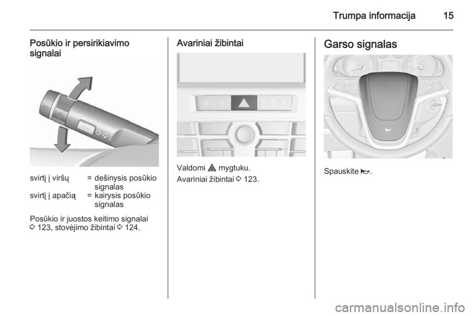 OPEL CASCADA 2015.5  Savininko vadovas (in Lithuanian) Trumpa informacija15
Posūkio ir persirikiavimo
signalaisvirtį į viršų=dešinysis posūkio
signalassvirtį į apačią=kairysis posūkio
signalas
Posūkio ir juostos keitimo signalai
3  123, stov�