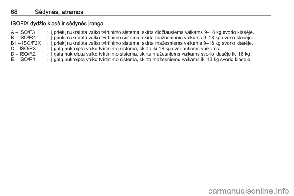 OPEL CASCADA 2017  Savininko vadovas (in Lithuanian) 68Sėdynės, atramosISOFIX dydžio klasė ir sėdynės įrangaA – ISO/F3:Į priekį nukreipta vaiko tvirtinimo sistema, skirta didžiausiems vaikams 9–18 kg svorio klasėje.B – ISO/F2:Į priekį