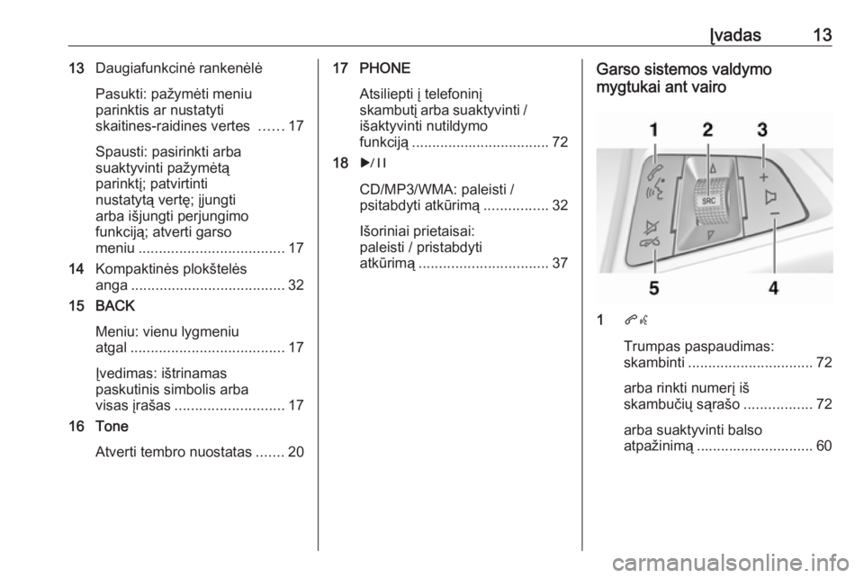 OPEL CASCADA 2017.5  Informacijos ir pramogų sistemos vadovas (in Lithuanian) Įvadas1313Daugiafunkcinė rankenėlė
Pasukti: pažymėti meniu
parinktis ar nustatyti
skaitines-raidines vertes  ......17
Spausti: pasirinkti arba
suaktyvinti pažymėtą
parinktį; patvirtinti
nust