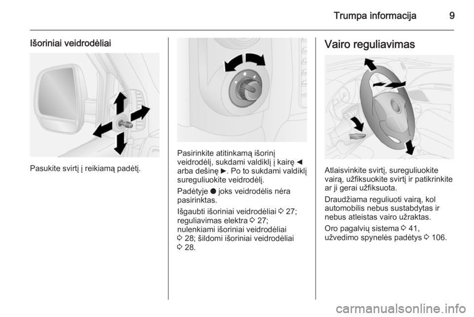 OPEL COMBO 2015  Savininko vadovas (in Lithuanian) Trumpa informacija9
Išoriniai veidrodėliai
Pasukite svirtį į reikiamą padėtį.
Pasirinkite atitinkamą išorinį
veidrodėlį, sukdami valdiklį į kairę  _
arba dešinę  6. Po to sukdami vald
