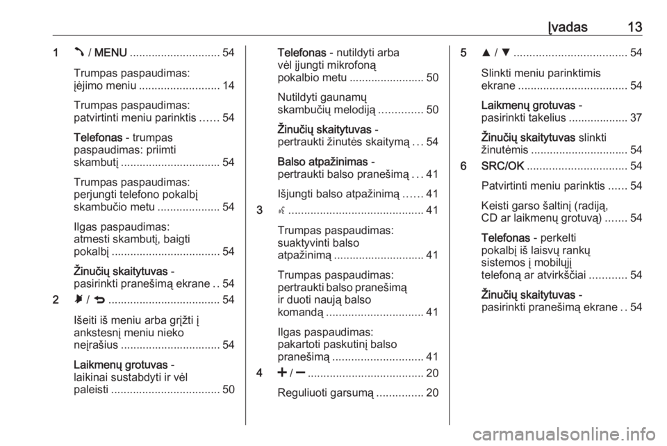 OPEL COMBO 2016  Informacijos ir pramogų sistemos vadovas (in Lithuanian) Įvadas131Â / MENU ............................. 54
Trumpas paspaudimas:
įėjimo meniu .......................... 14
Trumpas paspaudimas:
patvirtinti meniu parinktis ......54
Telefonas  - trumpas
pa