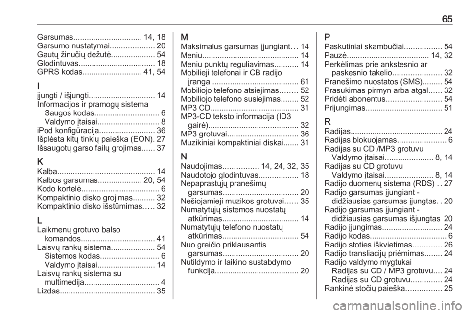OPEL COMBO D 2018  Informacijos ir pramogų sistemos vadovas (in Lithuanian) 65Garsumas............................... 14, 18
Garsumo nustatymai ....................20
Gautų žinučių dėžutė ....................54
Glodintuvas................................... 18 GPRS kod
