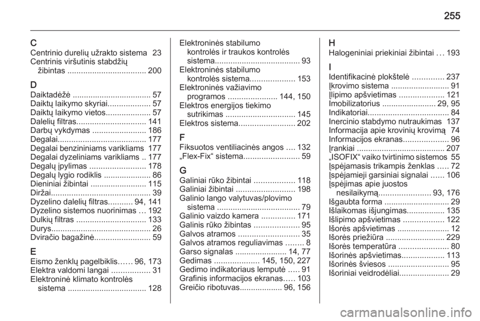 OPEL CORSA 2015.5  Savininko vadovas (in Lithuanian) 255
CCentrinio durelių užrakto sistema  23
Centrinis viršutinis stabdžių žibintas  ................................... 200
D
Daiktadėžė ................................... 57 Daiktų laikymo 
