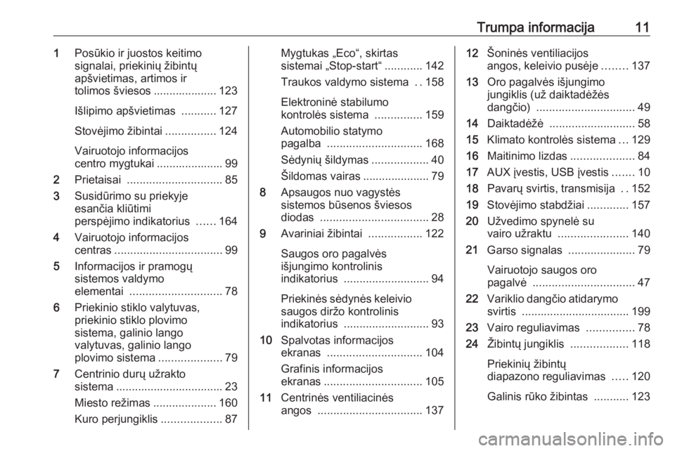 OPEL CORSA 2016.5  Savininko vadovas (in Lithuanian) Trumpa informacija111Posūkio ir juostos keitimo
signalai, priekinių žibintų
apšvietimas, artimos ir
tolimos šviesos .................... 123
Išlipimo apšvietimas  ...........127
Stovėjimo ži