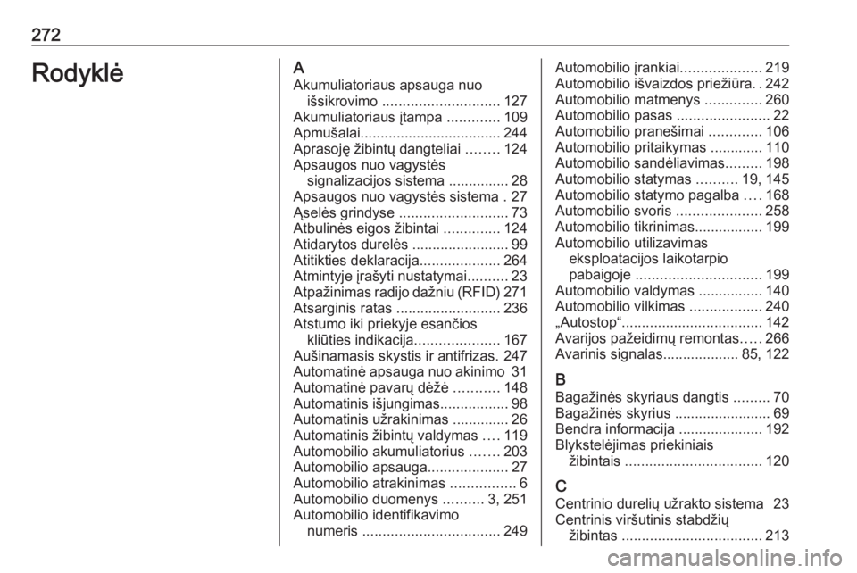OPEL CORSA 2016.5  Savininko vadovas (in Lithuanian) 272RodyklėAAkumuliatoriaus apsauga nuo išsikrovimo  ............................. 127
Akumuliatoriaus įtampa  .............109
Apmušalai ................................... 244
Aprasoję žibintų