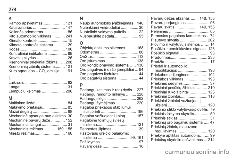 OPEL CORSA 2016.5  Savininko vadovas (in Lithuanian) 274KKampo apšvietimas ....................121
Katalizatorius  ............................. 147
Kelionės odometras  .....................86
Kito automobilio vilkimas  ...........241
Klimato kontrol�