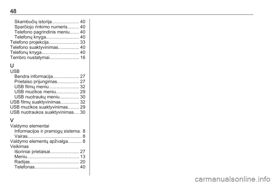 OPEL CORSA 2017  Informacijos ir pramogų sistemos vadovas (in Lithuanian) 48Skambučių istorija.....................40
Sparčiojo rinkimo numeris .........40
Telefono pagrindinis meniu .......40
Telefonų knyga ......................... 40
Telefono projekcija .............