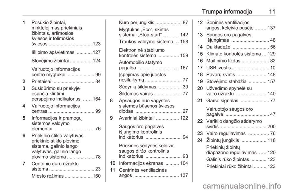 OPEL CORSA E 2018.5  Savininko vadovas (in Lithuanian) Trumpa informacija111Posūkio žibintai,
mirktelėjimas priekiniais
žibintais, artimosios
šviesos ir tolimosios
šviesos ................................ 123
Išlipimo apšvietimas  ...........127
S