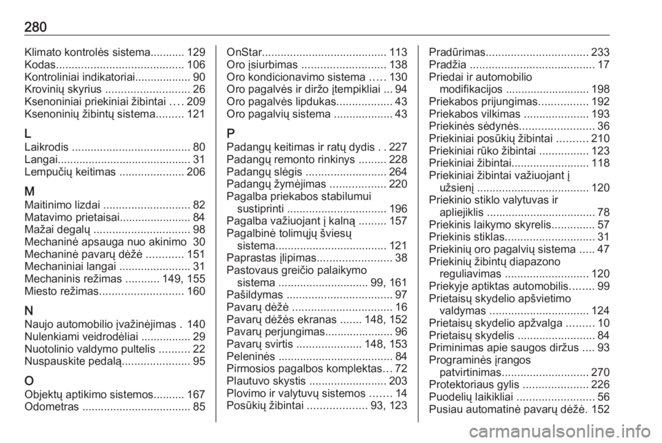 OPEL CORSA E 2018.5  Savininko vadovas (in Lithuanian) 280Klimato kontrolės sistema........... 129
Kodas ......................................... 106
Kontroliniai indikatoriai.................. 90
Krovinių skyrius  ........................... 26
Ksenon