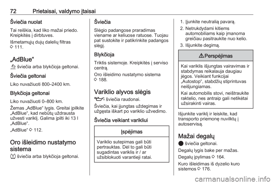 OPEL CORSA F 2020  Savininko vadovas (in Lithuanian) 72Prietaisai, valdymo įtaisaiŠviečia nuolatTai reiškia, kad liko mažai priedo.
Kreipkitės į dirbtuves.
Išmetamųjų dujų dalelių filtras
3  111.
„AdBlue“ u  šviečia arba blykčioja gel