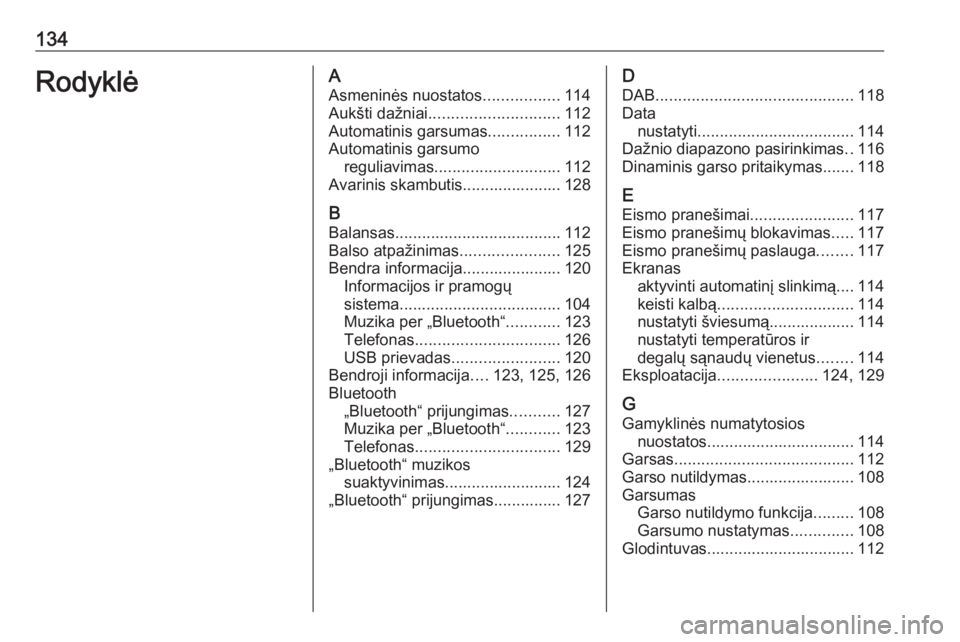 OPEL CROSSLAND X 2017.75  Informacijos ir pramogų sistemos vadovas (in Lithuanian) 134RodyklėAAsmeninės nuostatos .................114
Aukšti dažniai ............................. 112
Automatinis garsumas ................112
Automatinis garsumo reguliavimas .....................