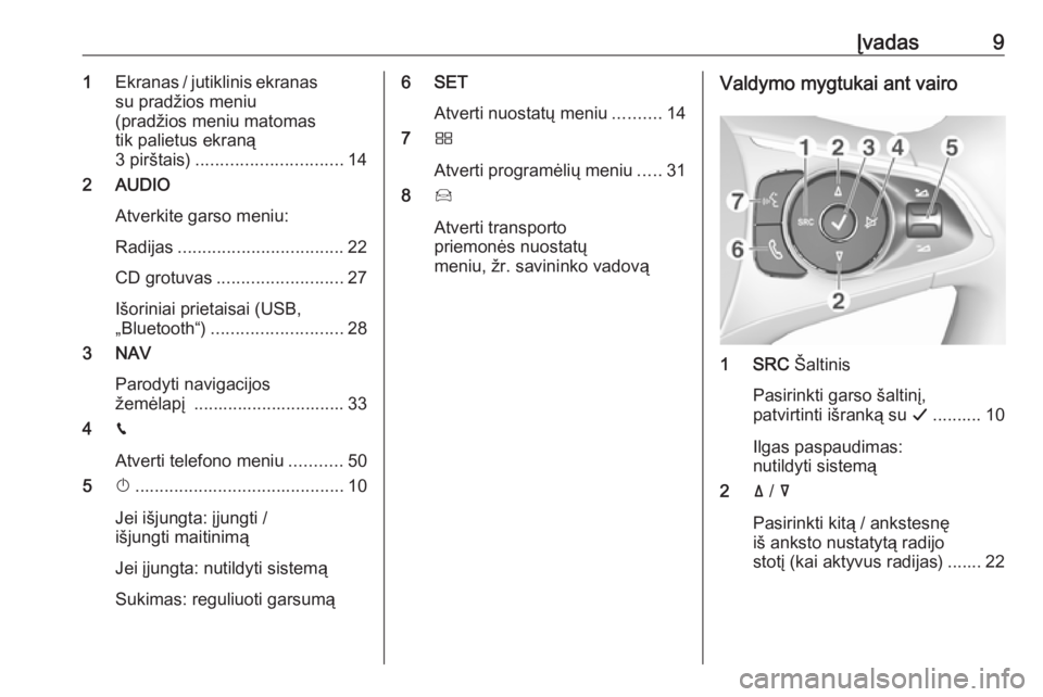 OPEL CROSSLAND X 2018  Informacijos ir pramogų sistemos vadovas (in Lithuanian) Įvadas91Ekranas / jutiklinis ekranas
su pradžios meniu
(pradžios meniu matomas
tik palietus ekraną
3 pirštais) .............................. 14
2 AUDIO
Atverkite garso meniu:
Radijas ...........