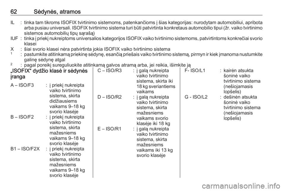 OPEL CROSSLAND X 2018  Savininko vadovas (in Lithuanian) 62Sėdynės, atramosIL:tinka tam tikroms ISOFIX tvirtinimo sistemoms, patenkančioms į šias kategorijas: nurodytam automobiliui, apribotaarba pusiau universali. ISOFIX tvirtinimo sistema turi būti 