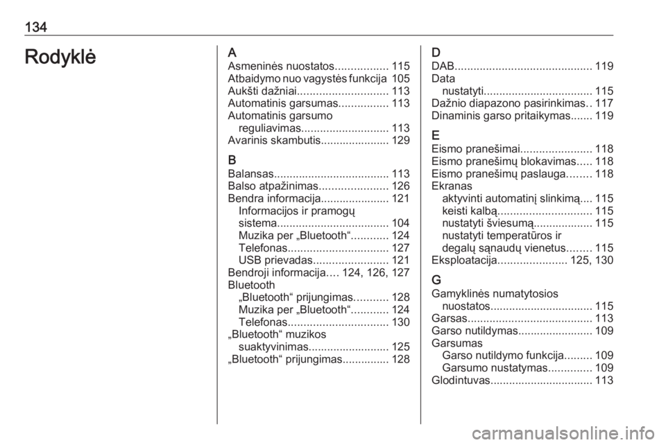 OPEL GRANDLAND X 2018  Informacijos ir pramogų sistemos vadovas (in Lithuanian) 134RodyklėAAsmeninės nuostatos .................115
Atbaidymo nuo vagystės funkcija  105
Aukšti dažniai ............................. 113
Automatinis garsumas ................113
Automatinis gars