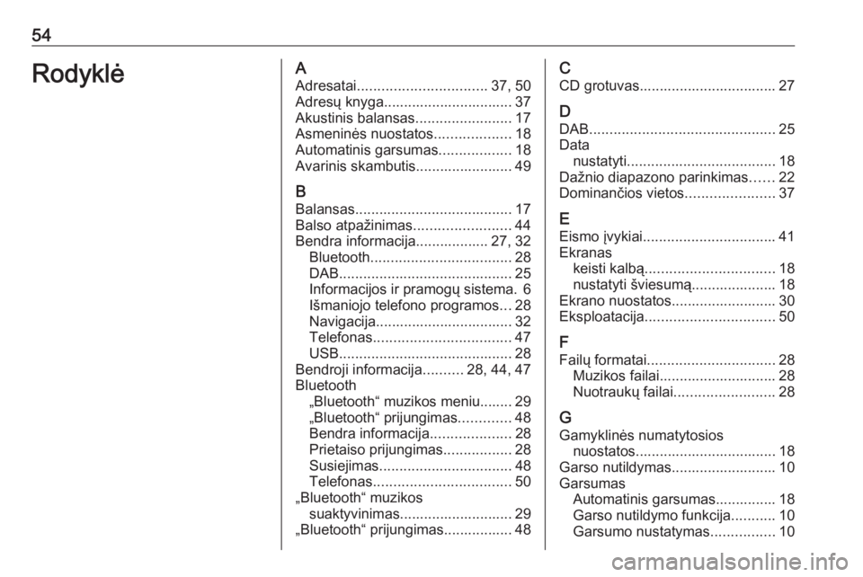 OPEL GRANDLAND X 2018  Informacijos ir pramogų sistemos vadovas (in Lithuanian) 54RodyklėAAdresatai ................................ 37, 50
Adresų knyga................................ 37 Akustinis balansas ........................17
Asmeninės nuostatos ...................18
A