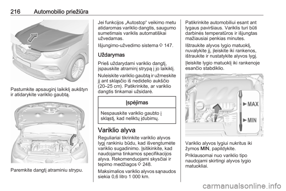OPEL GRANDLAND X 2018 Savininko vadovas (in Lithuanian) 216Automobilio priežiūra
Pastumkite apsauginį laikiklį aukštyn
ir atidarykite variklio gaubtą.
Paremkite dangtį atraminiu strypu.
Jei funkcijos „Autostop“ veikimo metu
atidaromas variklio d OPEL GRANDLAND X 2018 Savininko vadovas (in Lithuanian) 216Automobilio priežiūra
Pastumkite apsauginį laikiklį aukštyn
ir atidarykite variklio gaubtą.
Paremkite dangtį atraminiu strypu.
Jei funkcijos „Autostop“ veikimo metu
atidaromas variklio d