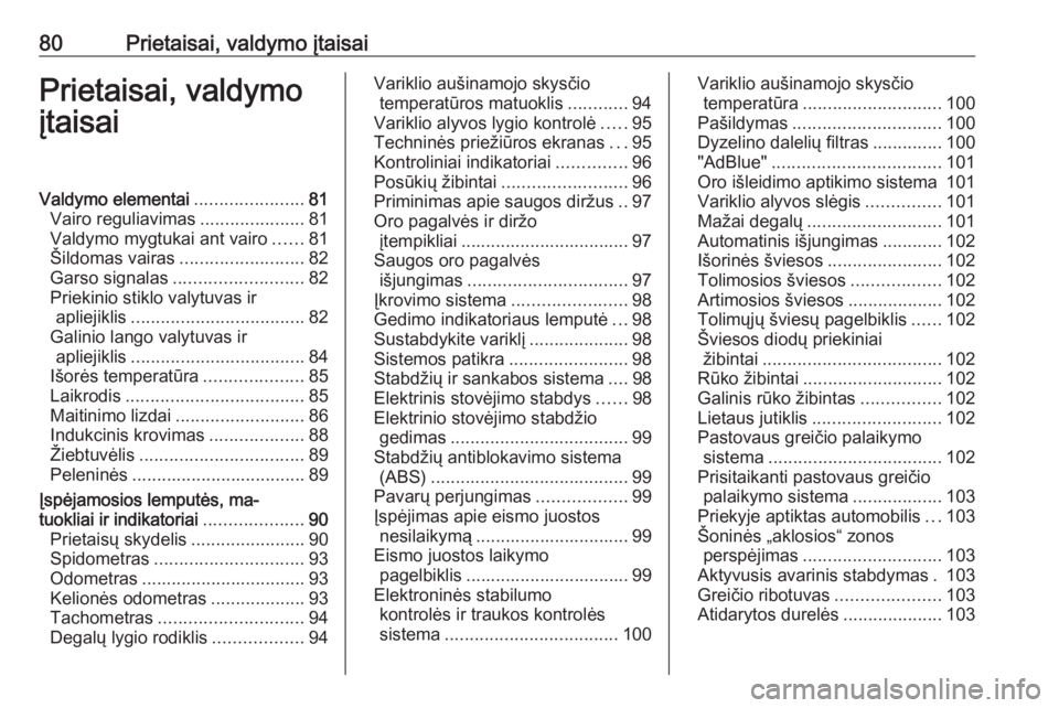 OPEL GRANDLAND X 2018.5  Savininko vadovas (in Lithuanian) 80Prietaisai, valdymo įtaisaiPrietaisai, valdymo
įtaisaiValdymo elementai ......................81
Vairo reguliavimas .....................81
Valdymo mygtukai ant vairo ......81
Šildomas vairas ...