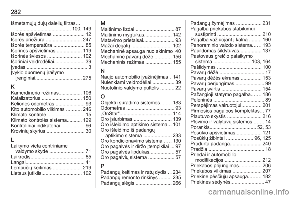 OPEL GRANDLAND X 2018.75  Savininko vadovas (in Lithuanian) 282Išmetamųjų dujų dalelių filtras...
........................................ 100, 149
Išorės apšvietimas  .......................12
Išorės priežiūra  .......................... 247
Išor