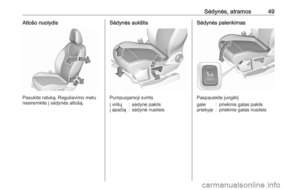 OPEL GRANDLAND X 2018.75  Savininko vadovas (in Lithuanian) Sėdynės, atramos49Atlošo nuolydis
Pasukite ratuką. Reguliavimo metu
nesiremkite į sėdynės atlošą.
Sėdynės aukštis
Pumpuojamoji svirtis
į viršų:sėdynė pakilsį apačią:sėdynė nusile