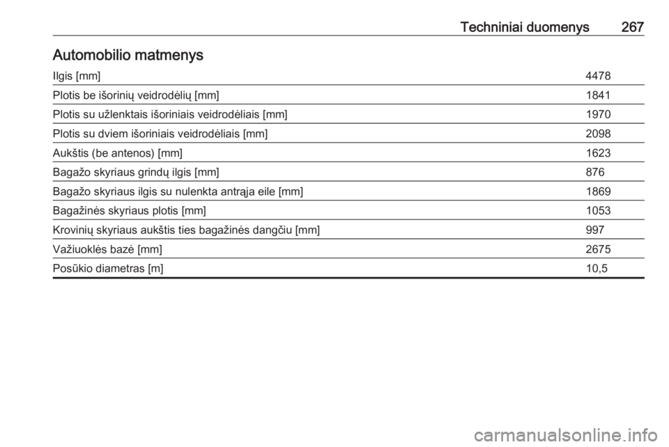 OPEL GRANDLAND X 2019  Savininko vadovas (in Lithuanian) Techniniai duomenys267Automobilio matmenysIlgis [mm]4478Plotis be išorinių veidrodėlių [mm]1841Plotis su užlenktais išoriniais veidrodėliais [mm]1970Plotis su dviem išoriniais veidrodėliais [