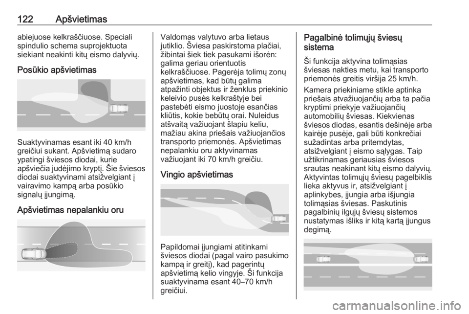 OPEL GRANDLAND X 2020 Savininko vadovas (in Lithuanian) 122Apšvietimasabiejuose kelkraščiuose. Speciali
spindulio schema suprojektuota
siekiant neakinti kitų eismo dalyvių.
Posūkio apšvietimas
Suaktyvinamas esant iki 40 km/h
greičiui sukant. Apšvi OPEL GRANDLAND X 2020 Savininko vadovas (in Lithuanian) 122Apšvietimasabiejuose kelkraščiuose. Speciali
spindulio schema suprojektuota
siekiant neakinti kitų eismo dalyvių.
Posūkio apšvietimas
Suaktyvinamas esant iki 40 km/h
greičiui sukant. Apšvi