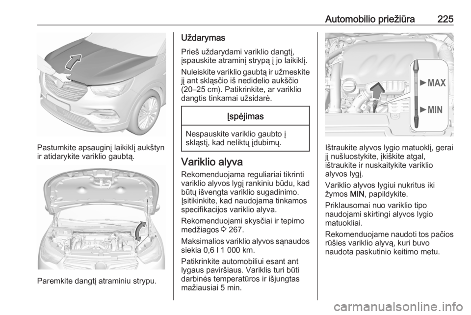 OPEL GRANDLAND X 2020 Savininko vadovas (in Lithuanian) Automobilio priežiūra225
Pastumkite apsauginį laikiklį aukštyn
ir atidarykite variklio gaubtą.
Paremkite dangtį atraminiu strypu.
Uždarymas
Prieš uždarydami variklio dangtį,
įspauskite atr OPEL GRANDLAND X 2020 Savininko vadovas (in Lithuanian) Automobilio priežiūra225
Pastumkite apsauginį laikiklį aukštyn
ir atidarykite variklio gaubtą.
Paremkite dangtį atraminiu strypu.
Uždarymas
Prieš uždarydami variklio dangtį,
įspauskite atr