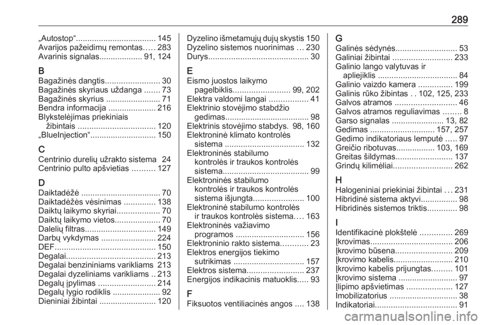 OPEL GRANDLAND X 2020  Savininko vadovas (in Lithuanian) 289„Autostop“................................... 145
Avarijos pažeidimų remontas .....283
Avarinis signalas................... 91, 124
B Bagažinės dangtis ........................30
Bagažinė