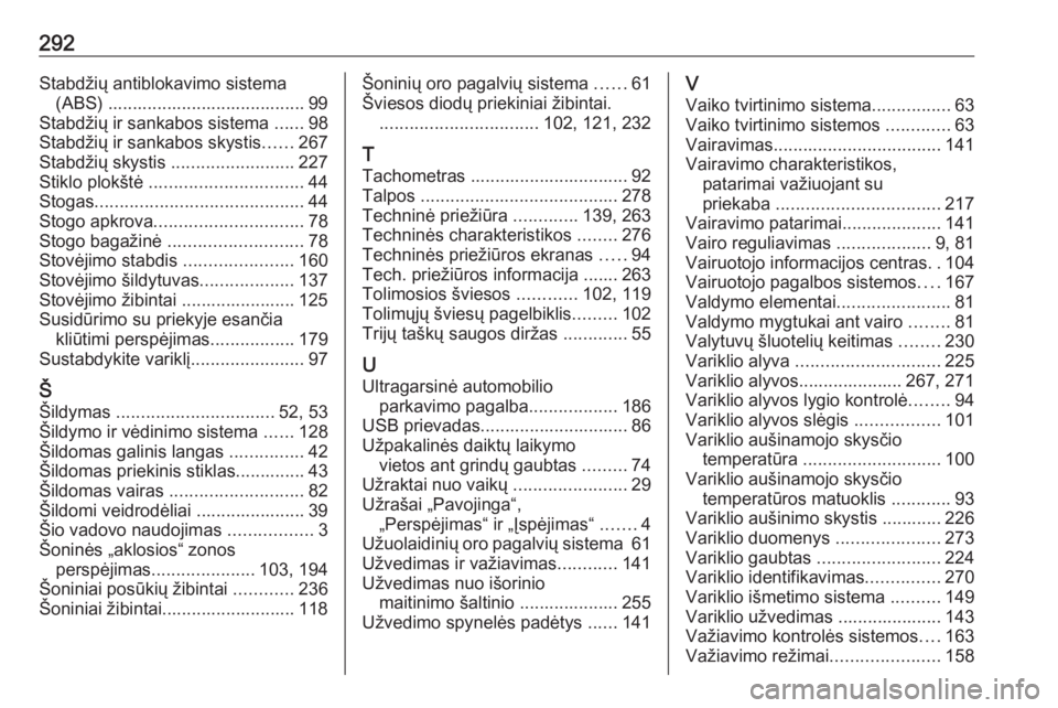 OPEL GRANDLAND X 2020  Savininko vadovas (in Lithuanian) 292Stabdžių antiblokavimo sistema(ABS) ........................................ 99
Stabdžių ir sankabos sistema  ......98
Stabdžių ir sankabos skystis ......267
Stabdžių skystis  .............
