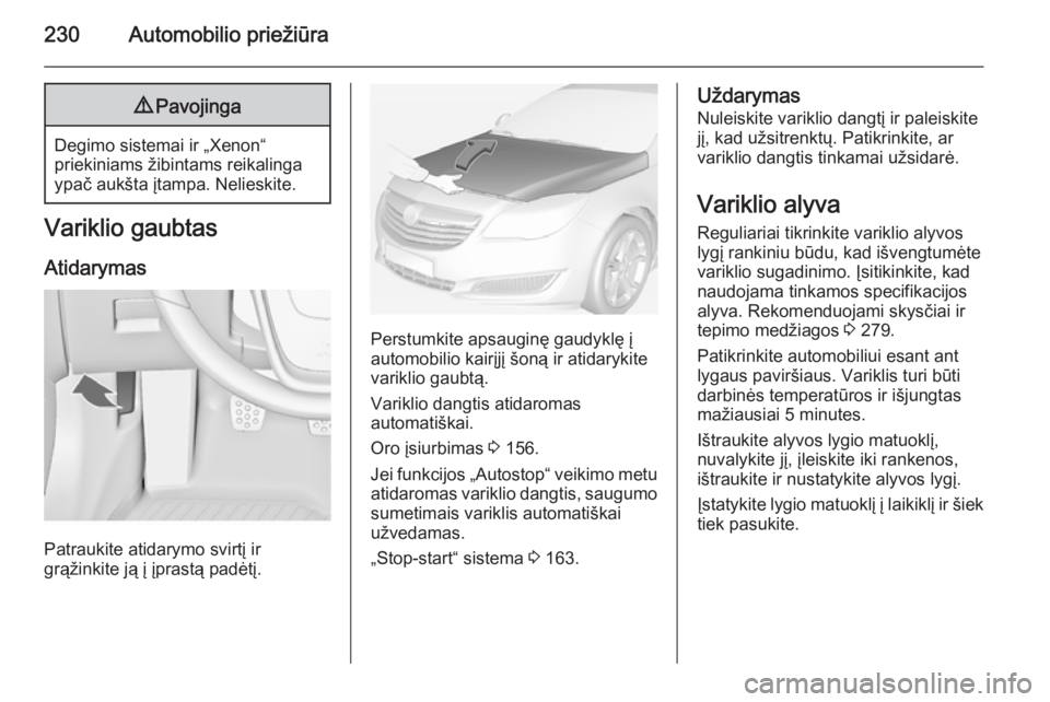 OPEL INSIGNIA 2014  Savininko vadovas (in Lithuanian) 230Automobilio priežiūra9Pavojinga
Degimo sistemai ir „Xenon“
priekiniams žibintams reikalinga
ypač aukšta įtampa. Nelieskite.
Variklio gaubtas
Atidarymas
Patraukite atidarymo svirtį ir
gr