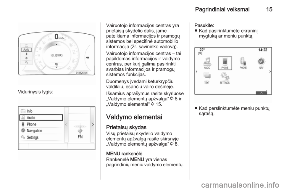 OPEL INSIGNIA 2014.5  Informacijos ir pramogų sistemos vadovas (in Lithuanian) Pagrindiniai veiksmai15
Vidurinysis lygis:
Vairuotojo informacijos centras yra
prietaisų skydelio dalis, jame
pateikiama informacijos ir pramogų
sistemos bei specifinė automobilio
informacija (žr.