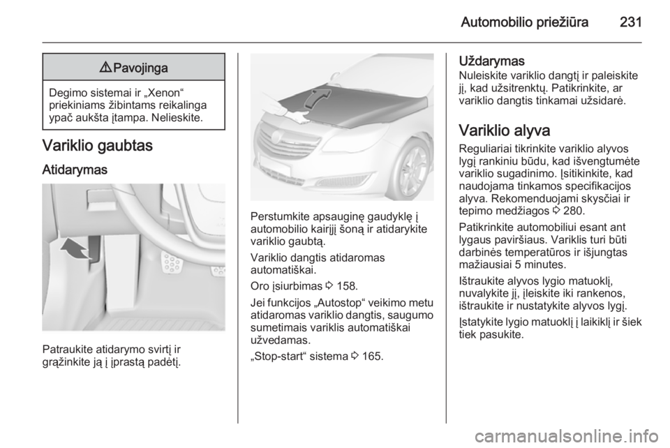 OPEL INSIGNIA 2014.5 Savininko vadovas (in Lithuanian) Automobilio priežiūra2319Pavojinga
Degimo sistemai ir „Xenon“
priekiniams žibintams reikalinga
ypač aukšta įtampa. Nelieskite.
Variklio gaubtas
Atidarymas
Patraukite atidarymo svirtį ir
gr OPEL INSIGNIA 2014.5 Savininko vadovas (in Lithuanian) Automobilio priežiūra2319Pavojinga
Degimo sistemai ir „Xenon“
priekiniams žibintams reikalinga
ypač aukšta įtampa. Nelieskite.
Variklio gaubtas
Atidarymas
Patraukite atidarymo svirtį ir
gr