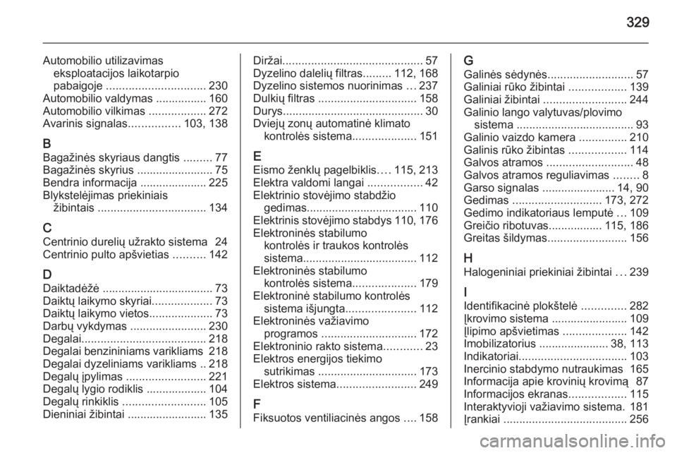 OPEL INSIGNIA 2014.5  Savininko vadovas (in Lithuanian) 329
Automobilio utilizavimaseksploatacijos laikotarpio
pabaigoje  ............................... 230
Automobilio valdymas ................ 160
Automobilio vilkimas  ..................272
Avarinis sig