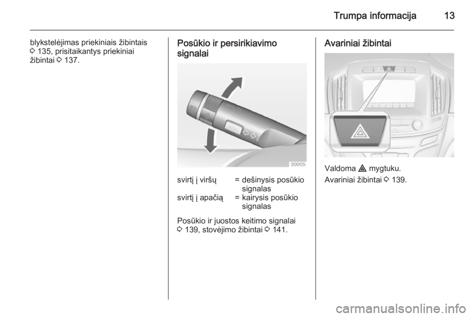 OPEL INSIGNIA 2015  Savininko vadovas (in Lithuanian) Trumpa informacija13
blykstelėjimas priekiniais žibintais
3  135, prisitaikantys priekiniai
žibintai  3 137.Posūkio ir persirikiavimo
signalaisvirtį į viršų=dešinysis posūkio
signalassvirtį