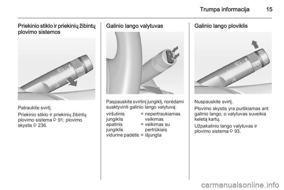 OPEL INSIGNIA 2015  Savininko vadovas (in Lithuanian) Trumpa informacija15
Priekinio stiklo ir priekinių žibintų
plovimo sistemos
Patraukite svirtį.
Priekinio stiklo ir priekinių žibintų
plovimo sistema  3 91; plovimo
skystis  3 236.
Galinio lango