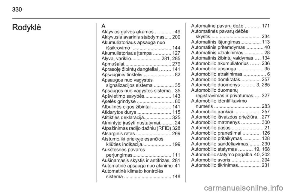 OPEL INSIGNIA 2015  Savininko vadovas (in Lithuanian) 330RodyklėAAktyvios galvos atramos ...............49
Aktyvusis avarinis stabdymas..... 200
Akumuliatoriaus apsauga nuo išsikrovimo  ............................. 144
Akumuliatoriaus įtampa  .......