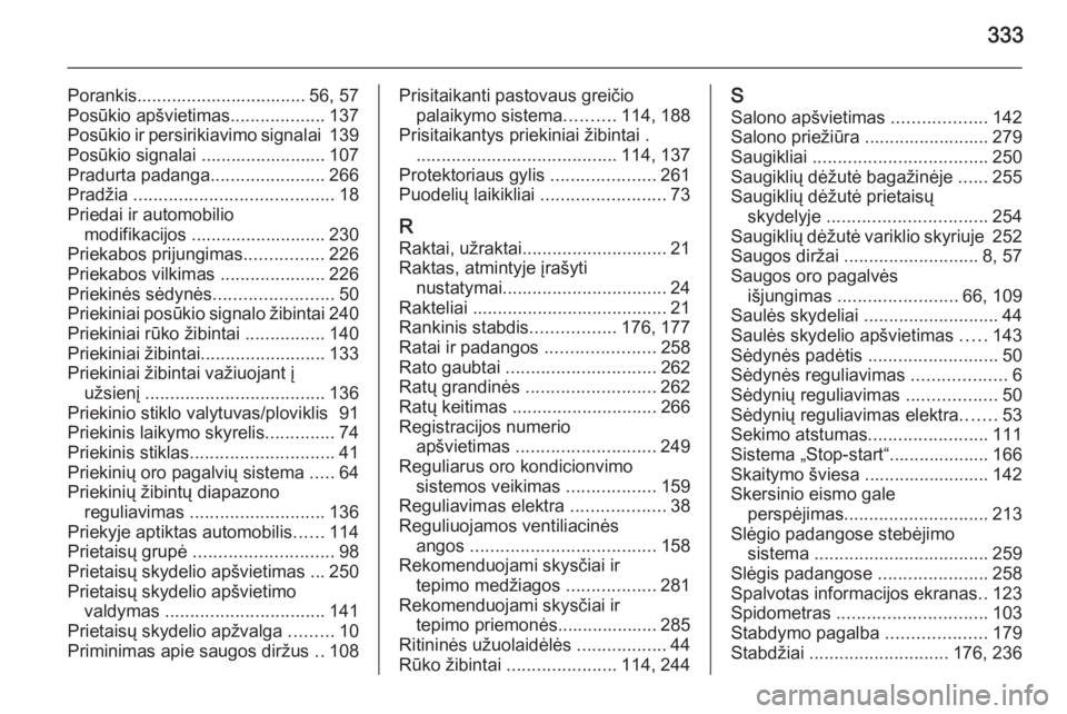 OPEL INSIGNIA 2015  Savininko vadovas (in Lithuanian) 333
Porankis.................................. 56, 57
Posūkio apšvietimas ...................137
Posūkio ir persirikiavimo signalai  139
Posūkio signalai ......................... 107
Pradurta pad