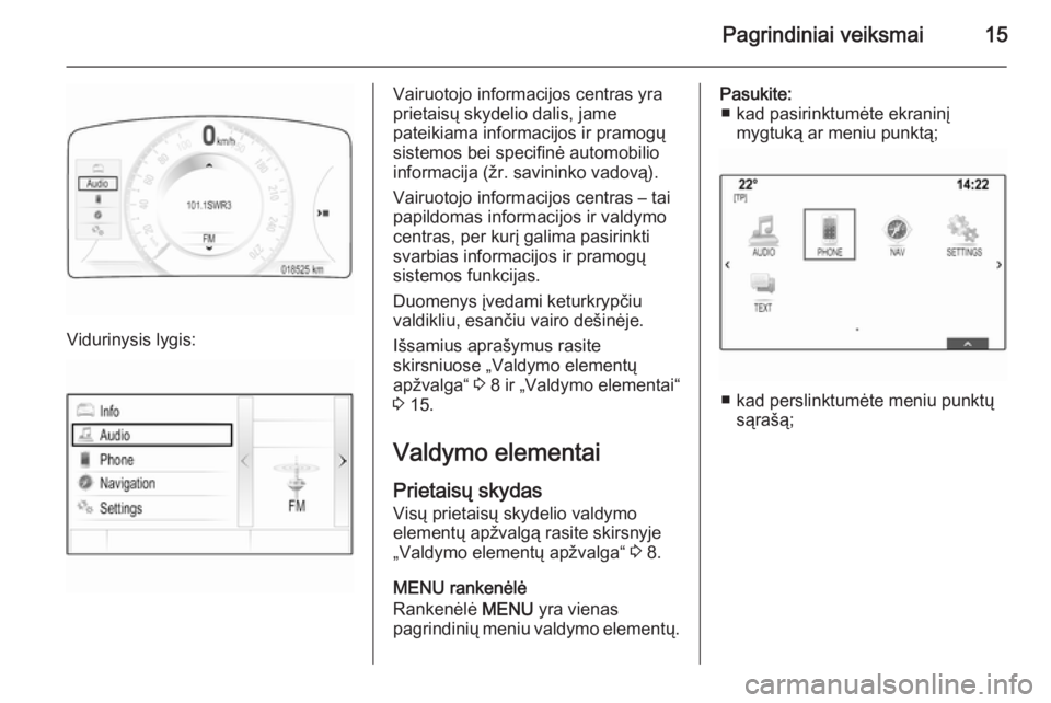 OPEL INSIGNIA 2015.5  Informacijos ir pramogų sistemos vadovas (in Lithuanian) Pagrindiniai veiksmai15
Vidurinysis lygis:
Vairuotojo informacijos centras yra
prietaisų skydelio dalis, jame
pateikiama informacijos ir pramogų
sistemos bei specifinė automobilio
informacija (žr.
