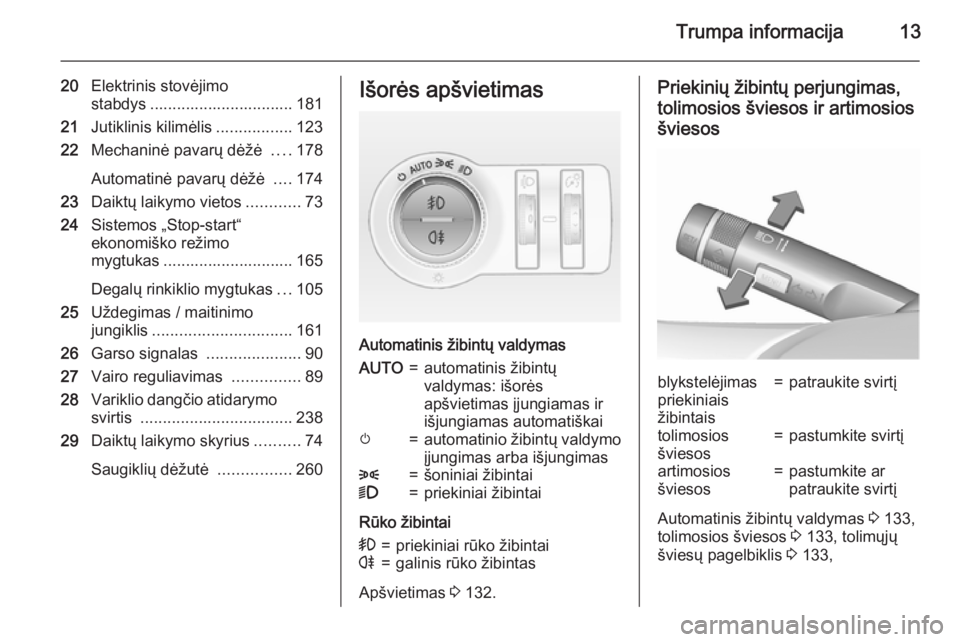 OPEL INSIGNIA 2015.5  Savininko vadovas (in Lithuanian) Trumpa informacija13
20Elektrinis stovėjimo
stabdys ................................ 181
21 Jutiklinis kilimėlis .................123
22 Mechaninė pavarų dėžė  ....178
Automatinė pavarų dėž