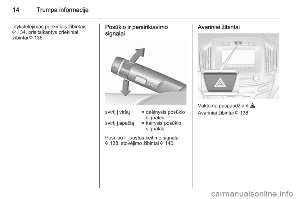 OPEL INSIGNIA 2015.5  Savininko vadovas (in Lithuanian) 14Trumpa informacija
blykstelėjimas priekiniais žibintais
3  134, prisitaikantys priekiniai
žibintai  3 136.Posūkio ir persirikiavimo
signalaisvirtį į viršų=dešinysis posūkio
signalassvirtį
